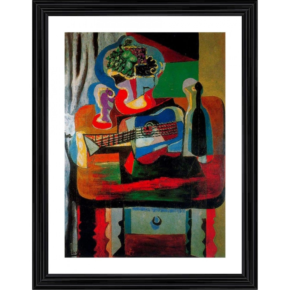 Generic Guitar Bottle Fruit Dish and Glass 1919 Painting With Wood Photo Frame (Multicolor) Main image