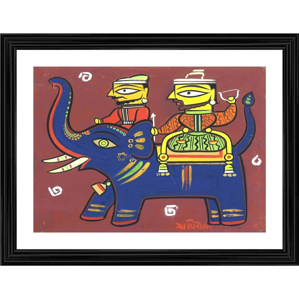 Generic Two Hunters with Elephant Painting With Wood Photo Frame (Multicolor) Main image