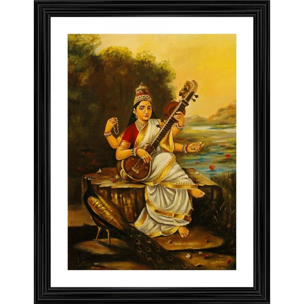Generic Goddess Saraswati with Sitar Peacock 1896 Painting With Wood Photo Frame (Multicolor) Main image