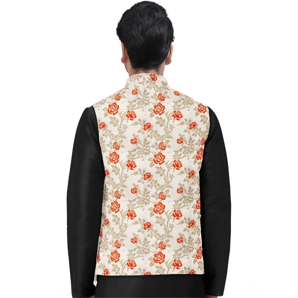 Generic Men's Jacquard Printed Full Sleeve Waistcoat (Orange-Beige) Secondary image