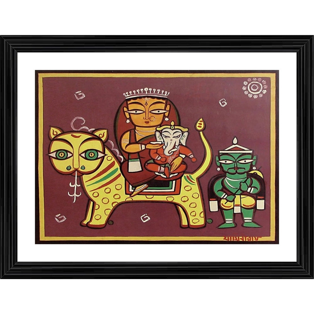 Generic Parvati Ganesh on Vaahan Painting With Wood Photo Frame (Multicolor) Main image