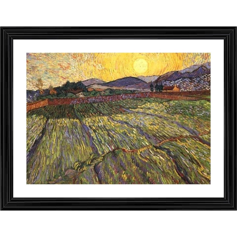 Generic Wheat Field With Rising Sun 1889 Painting With Wood Photo Frame (Multicolor)