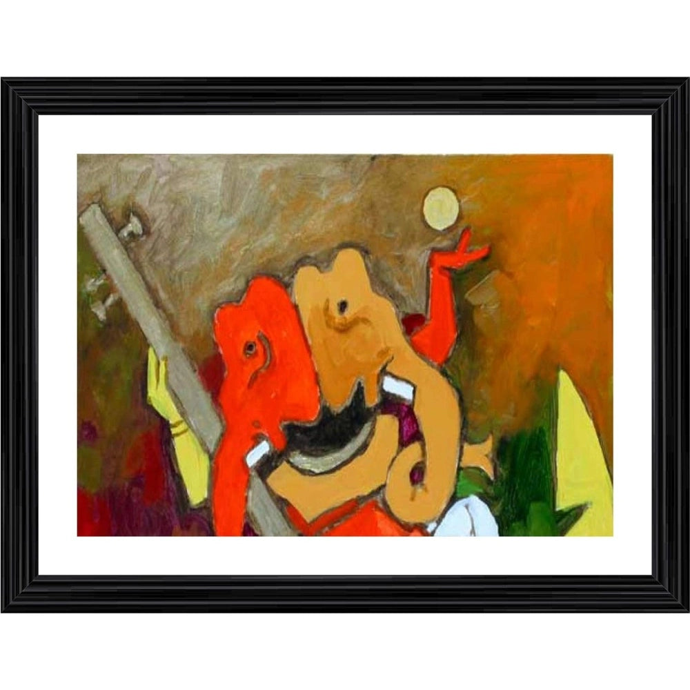 Generic Ganesh Playing Veena Painting With Wood Photo Frame (Multicolor) Main image