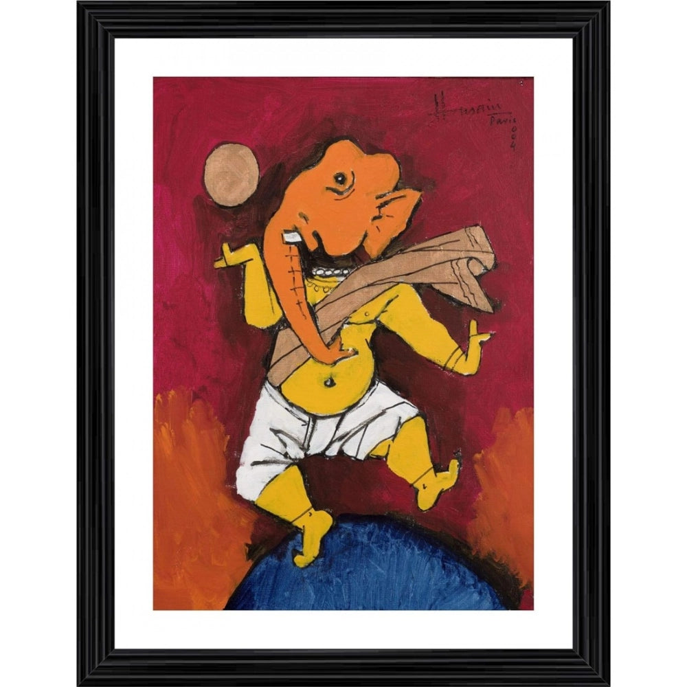 Generic Ganesh and the Moon Painting With Wood Photo Frame (Multicolor) Main image