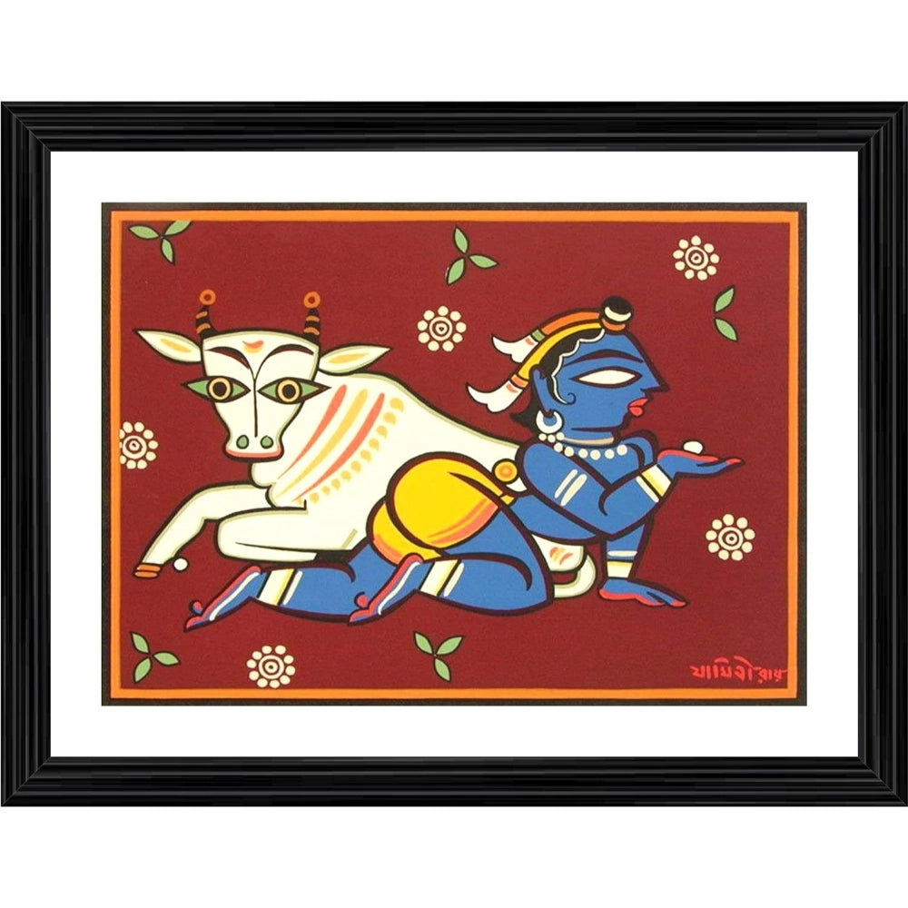 Generic Bal Krishna and Cow Painting With Wood Photo Frame (Multicolor) Main image