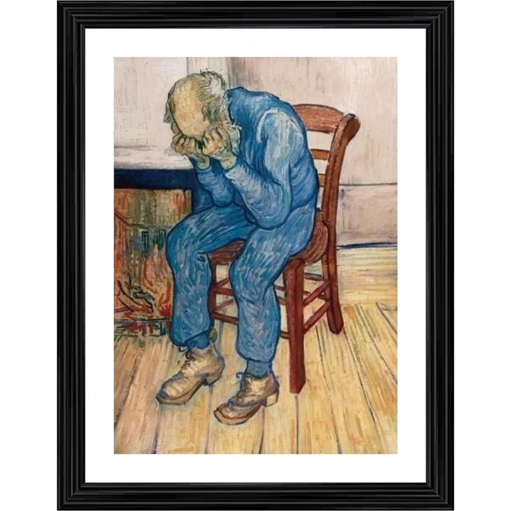 Generic Worn Out Old Man in Sorrow 1982 Painting With Wood Photo Frame (Multicolor) Main image