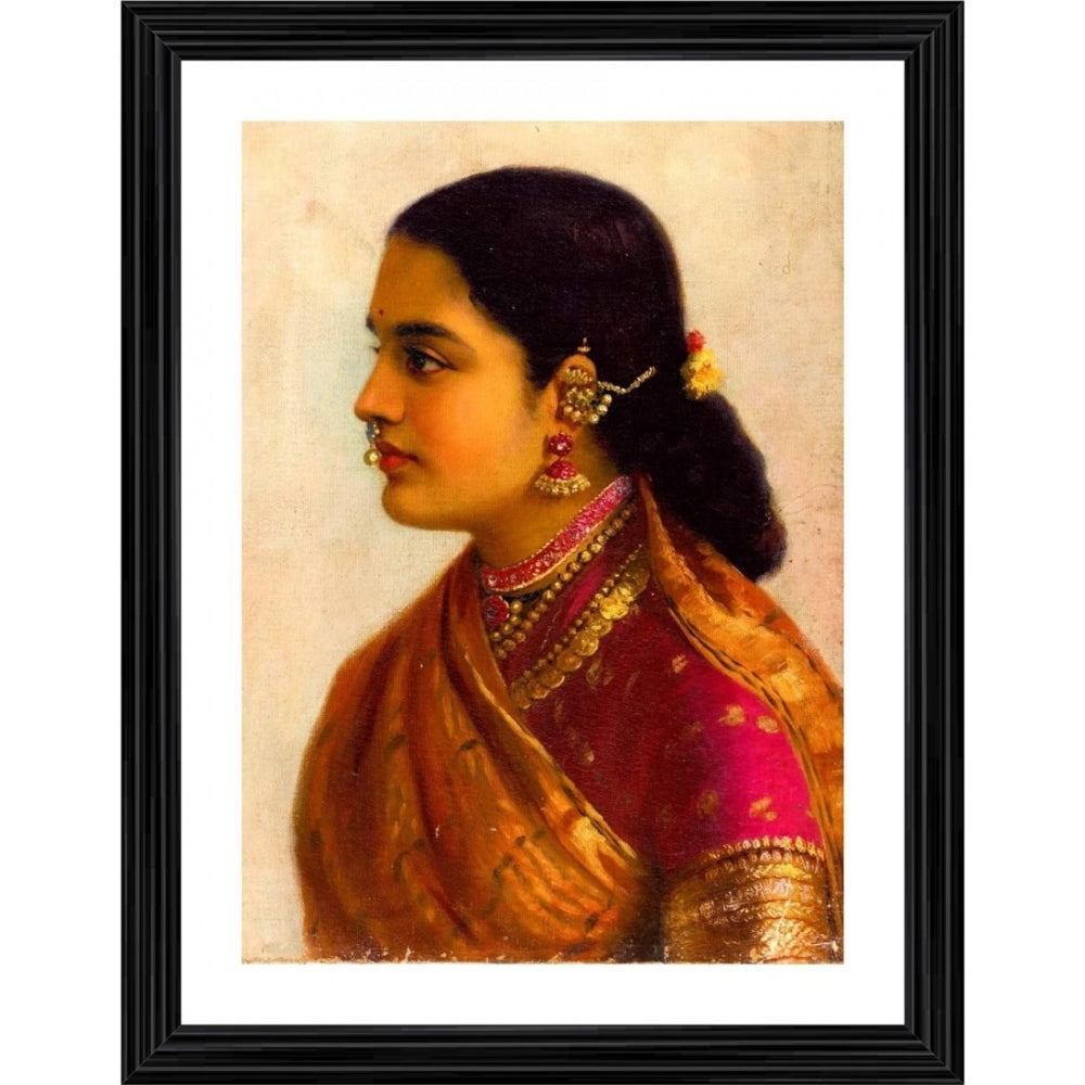 Generic Lady in Crimson Red Saree 1900 Painting With Wood Photo Frame (Multicolor) Main image