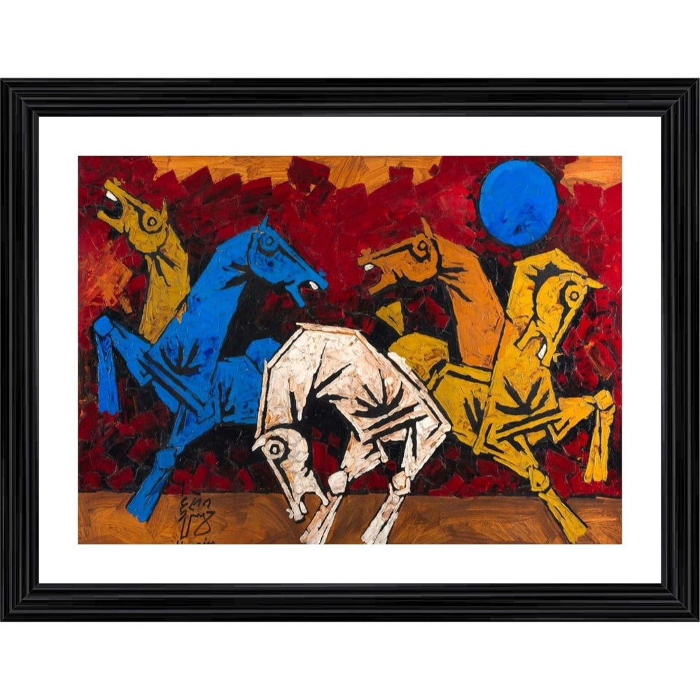Generic Five Horses Painting With Wood Photo Frame (Multicolor) Main image