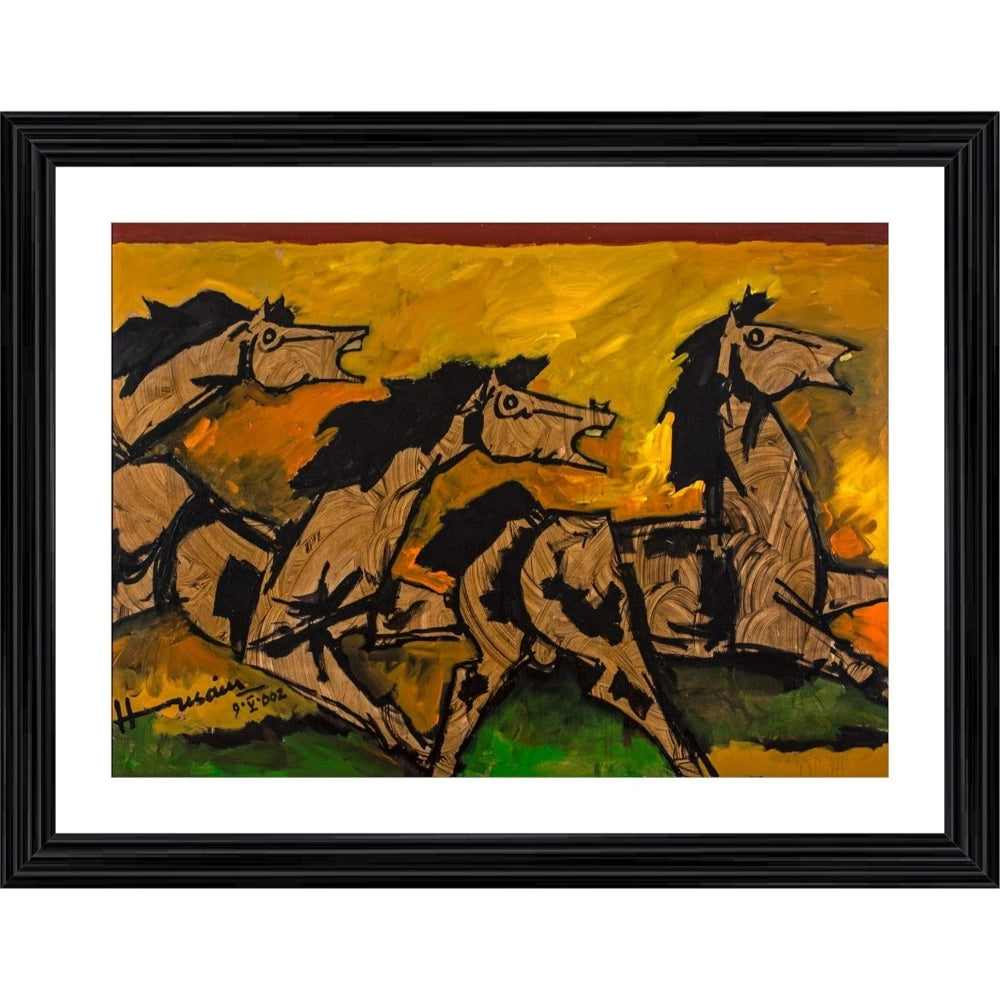 Generic Three Horses Painting With Wood Photo Frame (Multicolor) Main image