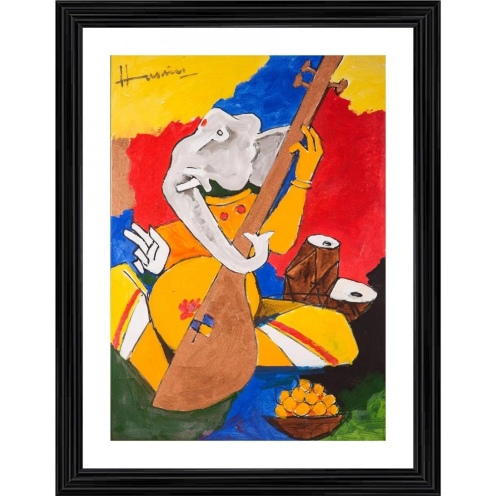 Generic Ganesh and Veena Painting With Wood Photo Frame (Multicolor) Main image