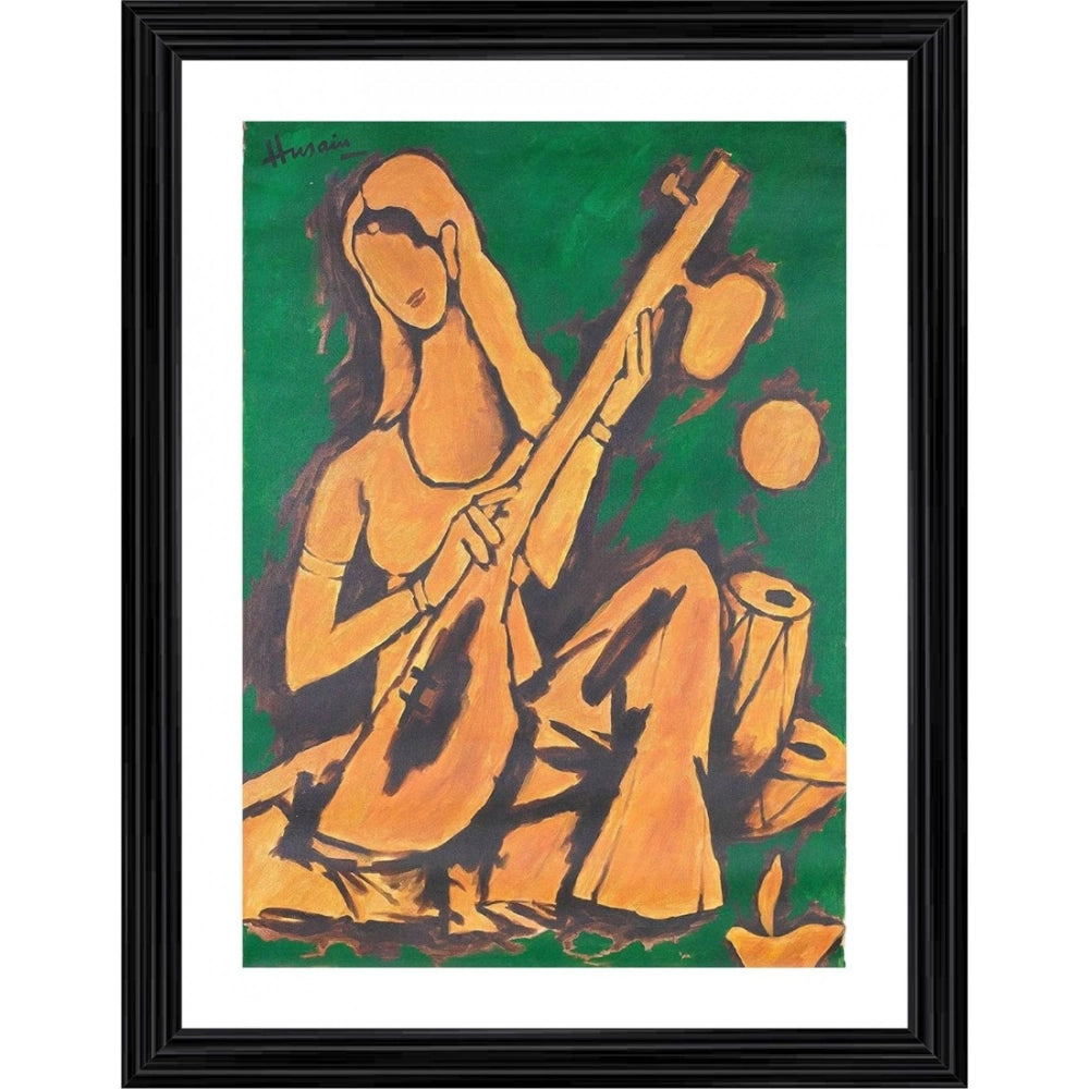 Generic Lady with Veena Painting With Wood Photo Frame (Multicolor) Main image
