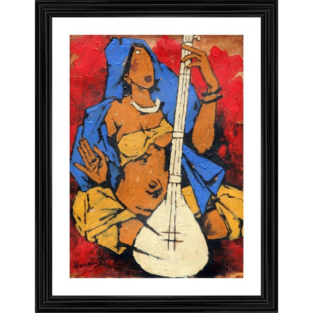 Generic Lady with Sitar Painting With Wood Photo Frame (Multicolor) Main image