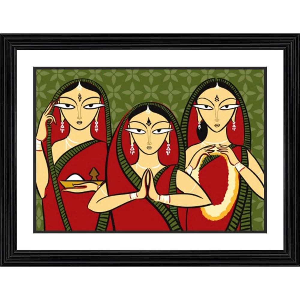 Generic Three Worshiping Women Painting With Wood Photo Frame (Multicolor) Main image