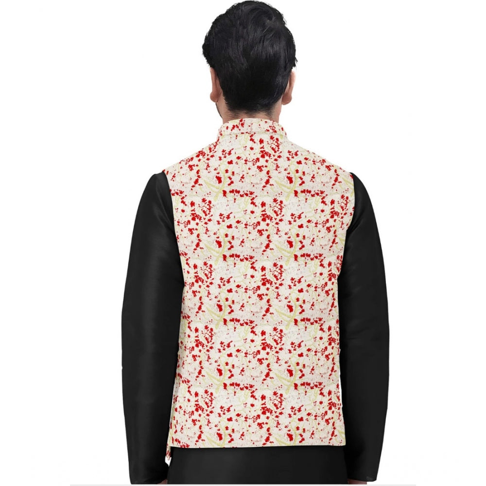 Generic Men's Jacquard Printed Full Sleeve Waistcoat (Red-Beige) Secondary image