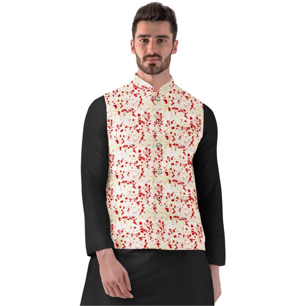 Generic Men's Jacquard Printed Full Sleeve Waistcoat (Red-Beige) Main image