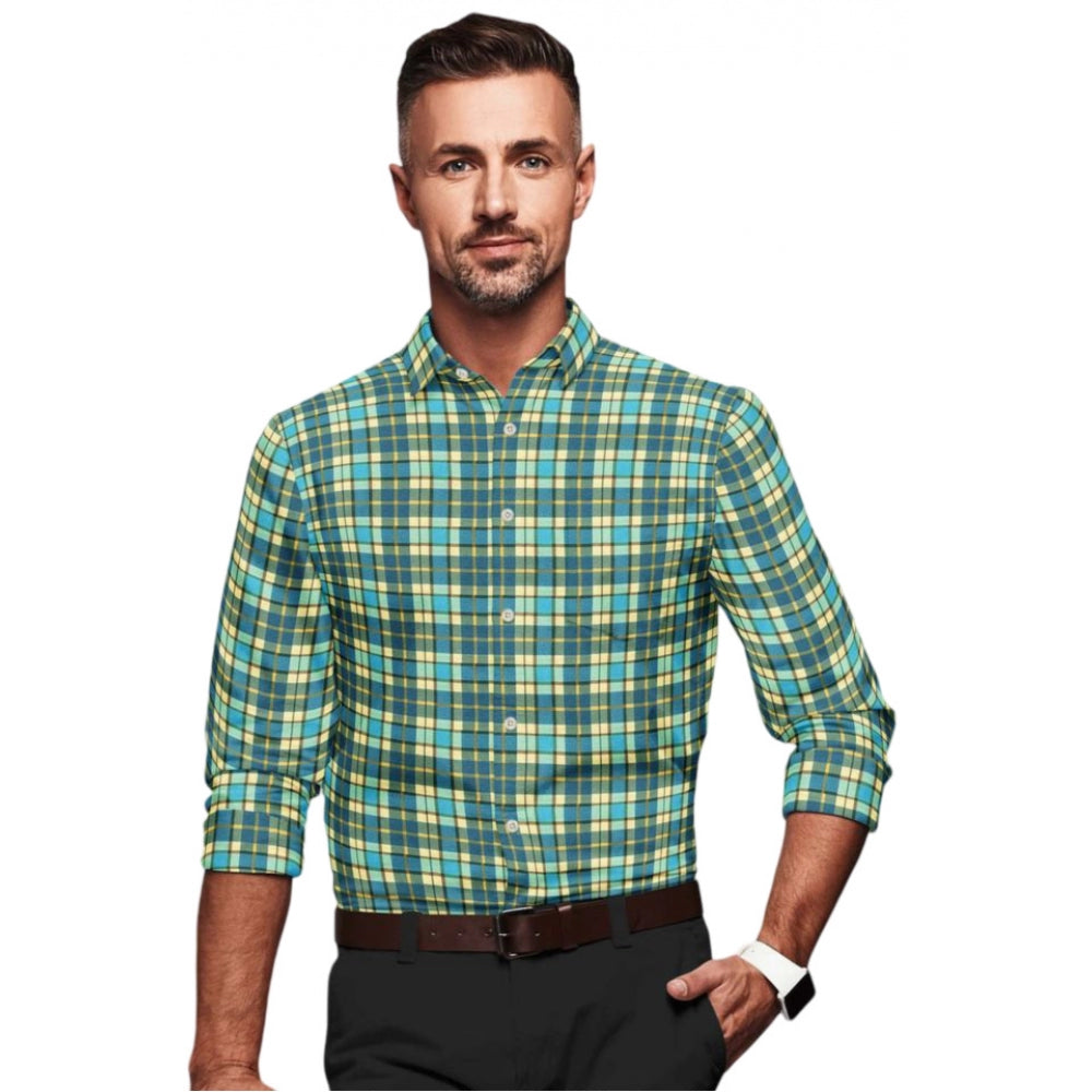 Generic Men's Cotton Blended Checked Full Sleeve Shirt (Green-Yellow) Main image