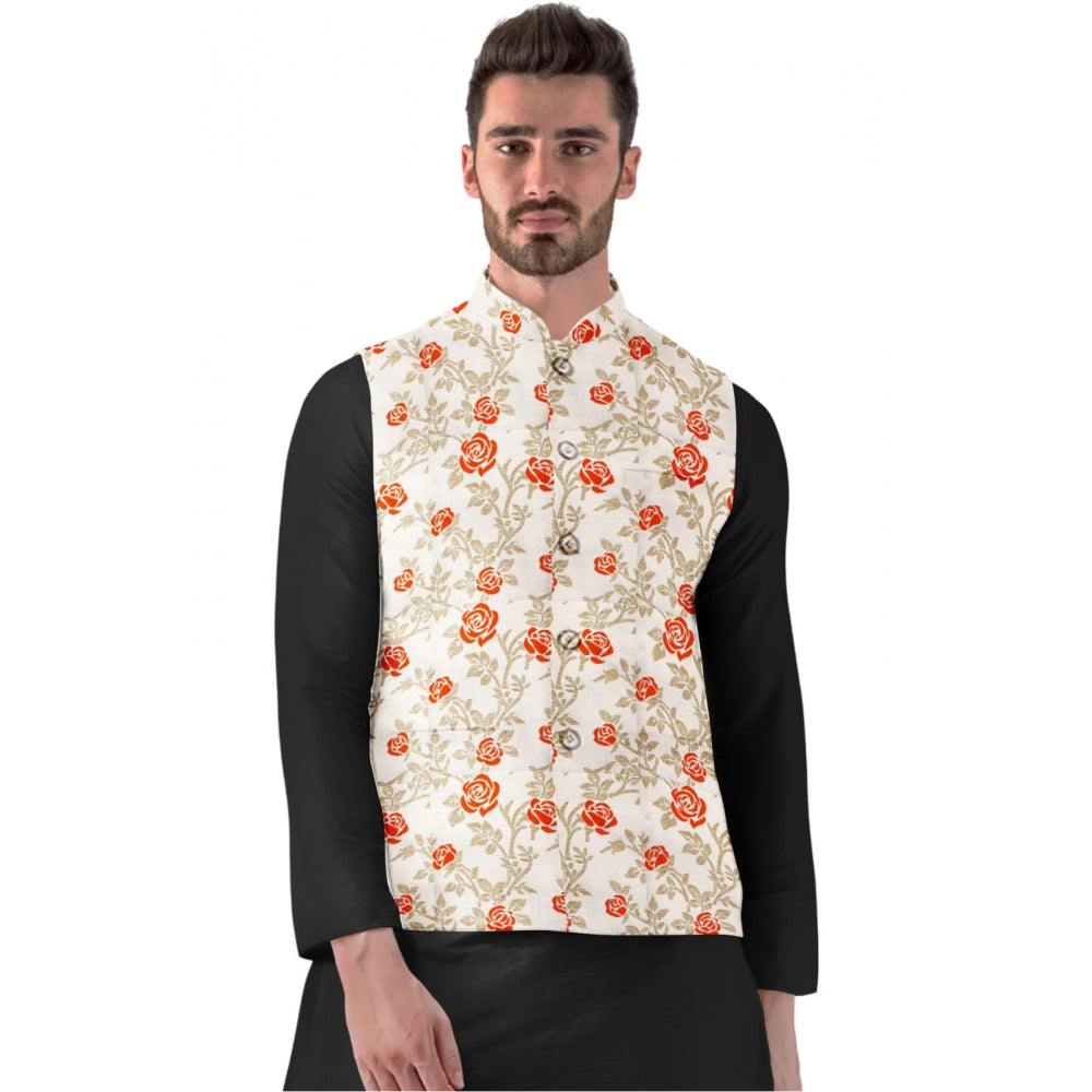 Generic Men's Jacquard Printed Full Sleeve Waistcoat (Orange-Beige) Main image