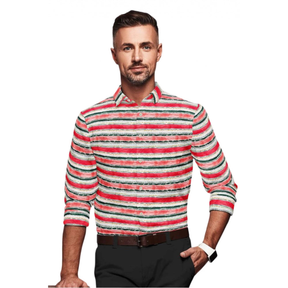 Generic Men's Cotton Blended Striped Full Sleeve Shirt (Red-White) Main image