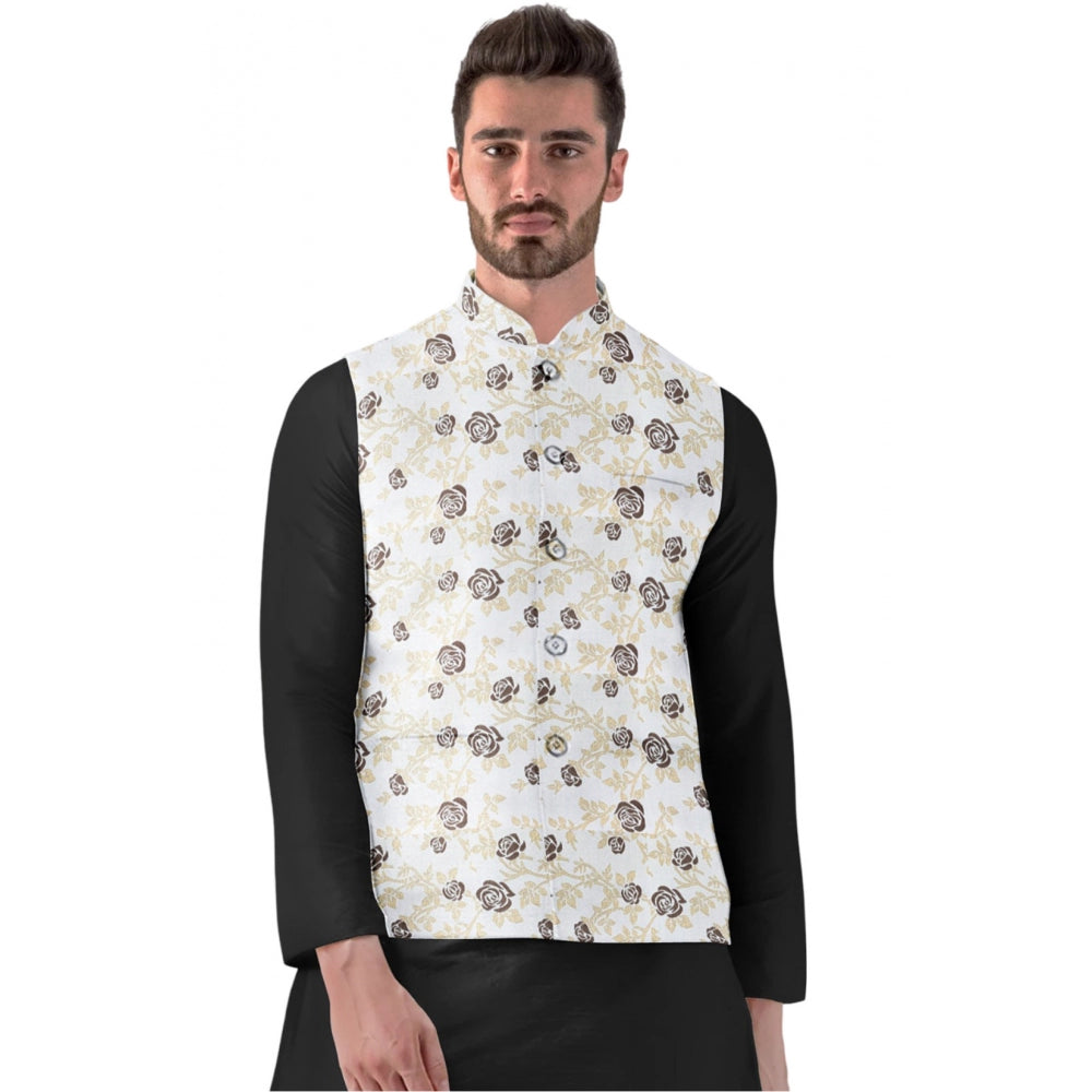 Generic Men's Jacquard Printed Full Sleeve Waistcoat (Beige) Main image
