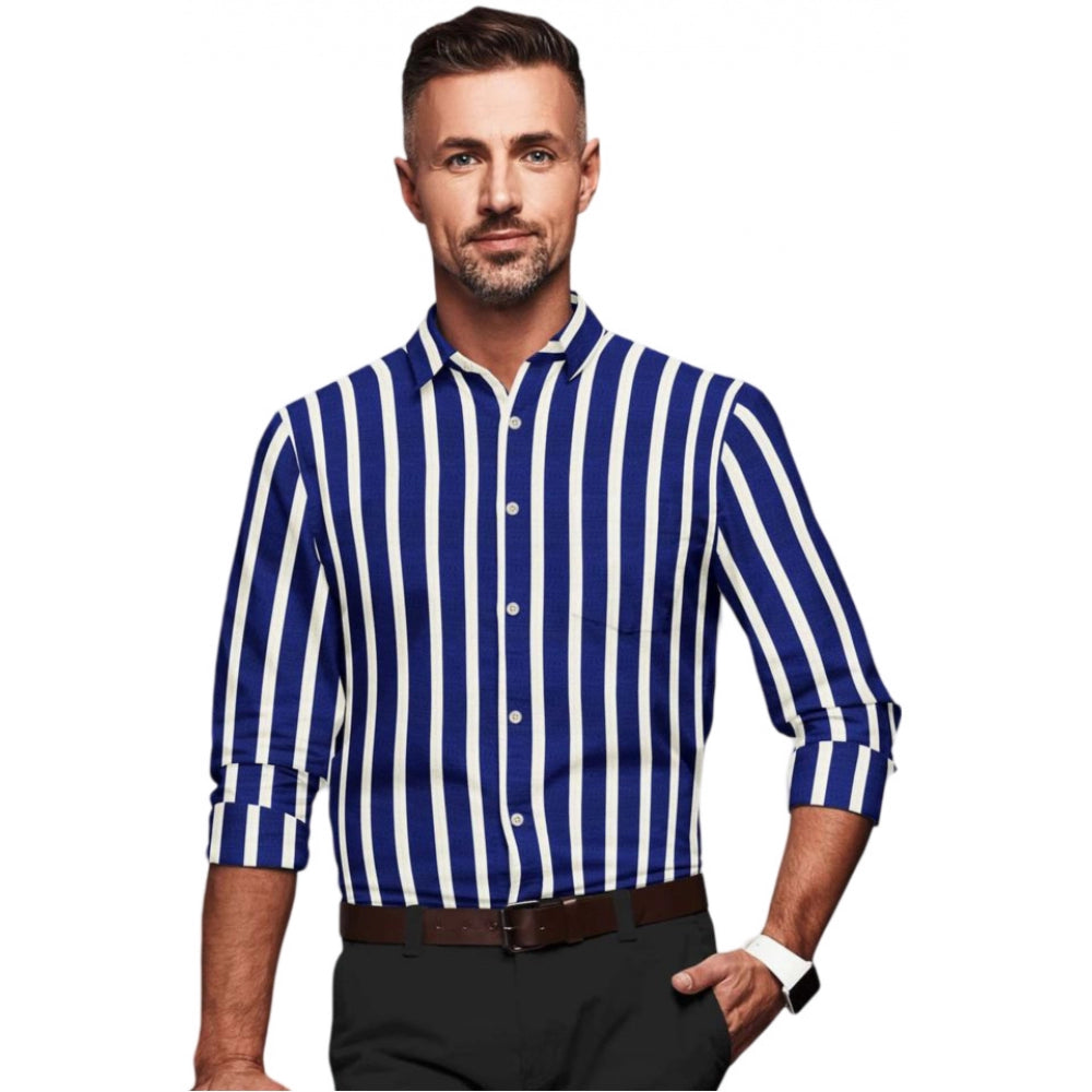 Generic Men's Cotton Blended Striped Full Sleeve Shirt (White-Blue) Main image