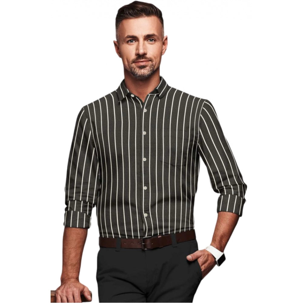 Generic Men's Cotton Blended Striped Full Sleeve Shirt (Black-White) Main image