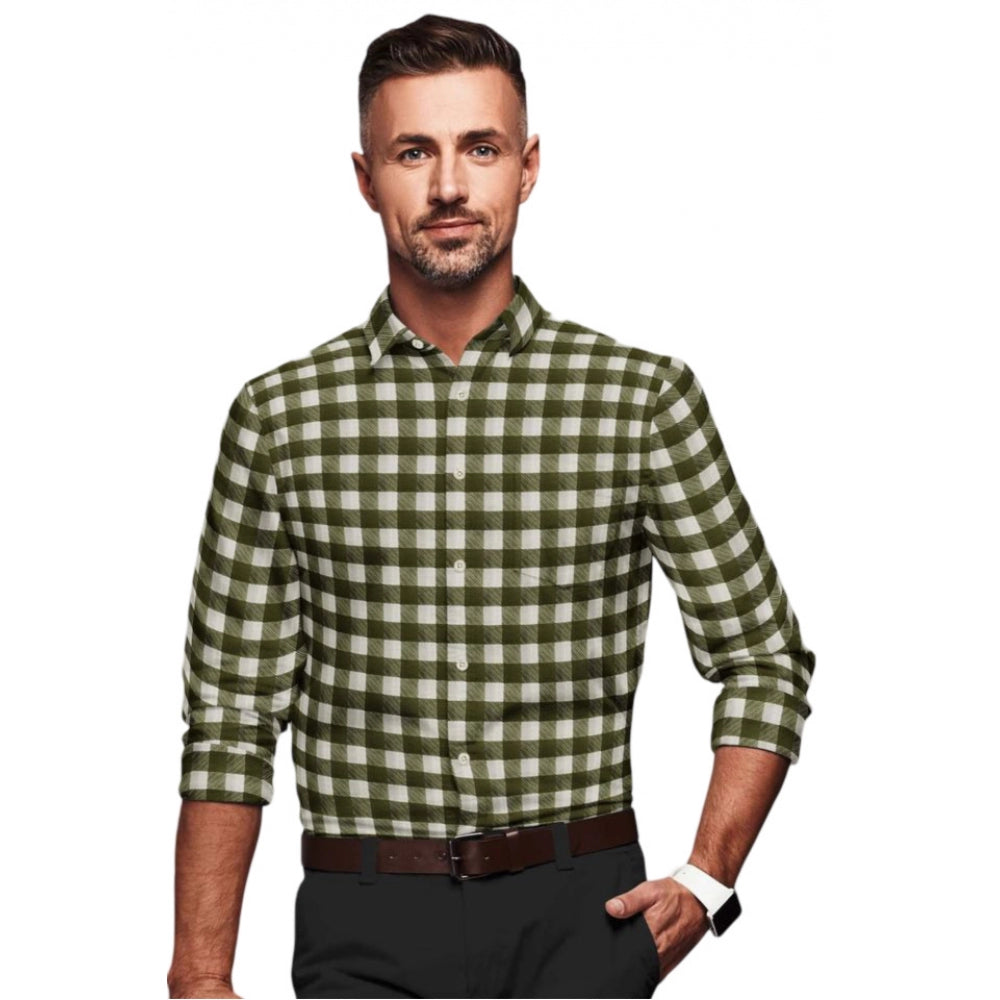 Generic Men's Cotton Blended Checked Full Sleeve Shirt (White-Green) Main image