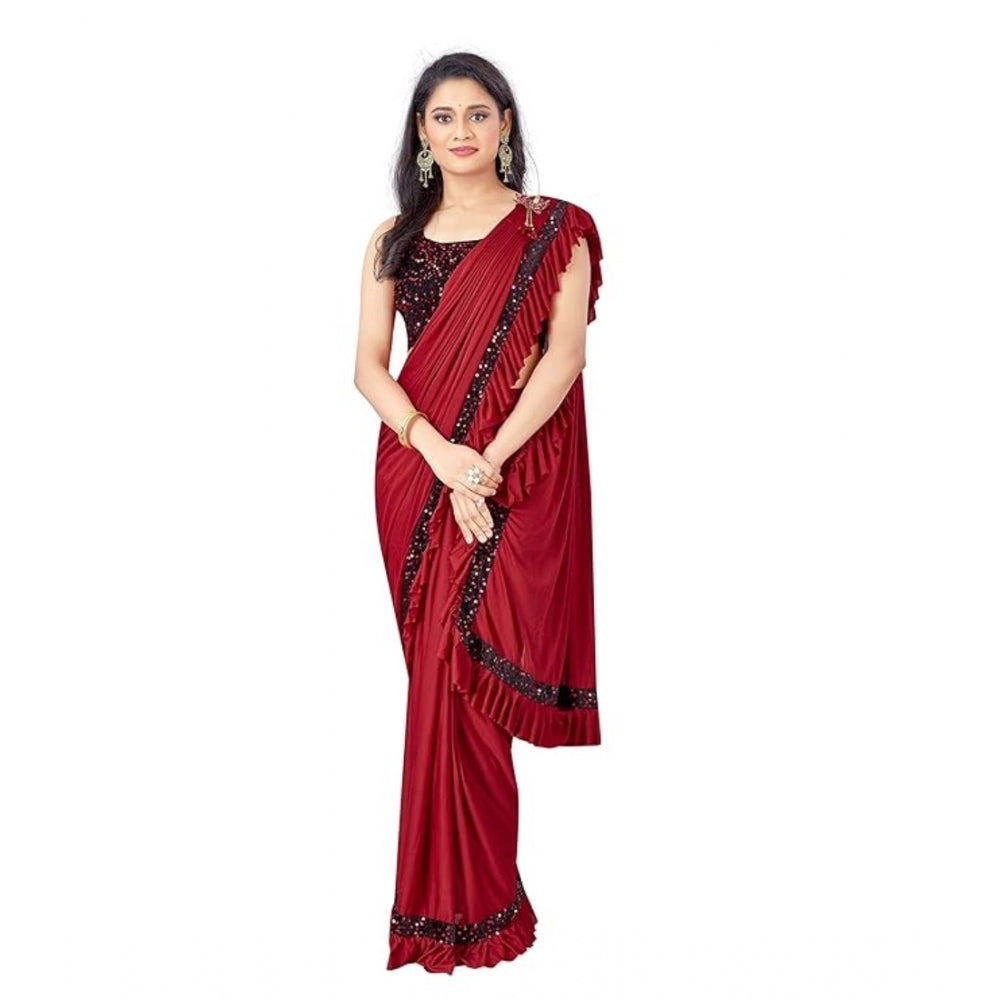 Generic Women's Lycra Solid Saree With Unstitched Blouse (Red, 5.5 Mtr) Main image