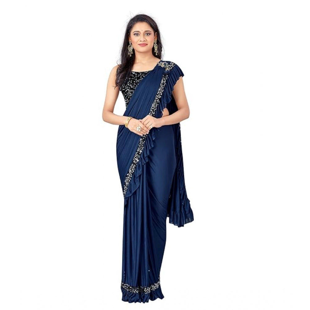 Generic Women's Lycra Solid Saree With Unstitched Blouse (Nay Blue, 5.5 Mtr) Main image