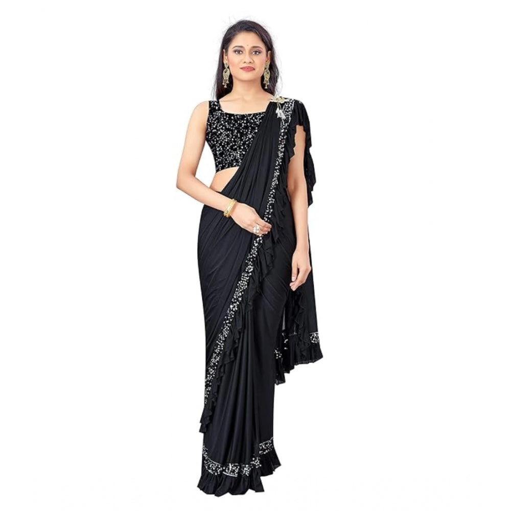 Generic Women's Lycra Solid Saree With Unstitched Blouse (Black, 5.5 Mtr) Main image