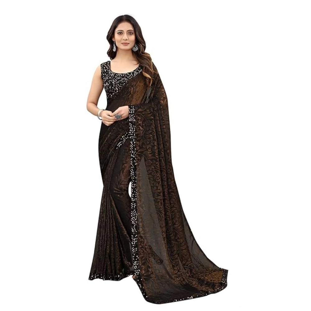 Generic Women's Lycra Floral Saree With Unstitched Blouse (Brown, 5.5 Mtr) Main image