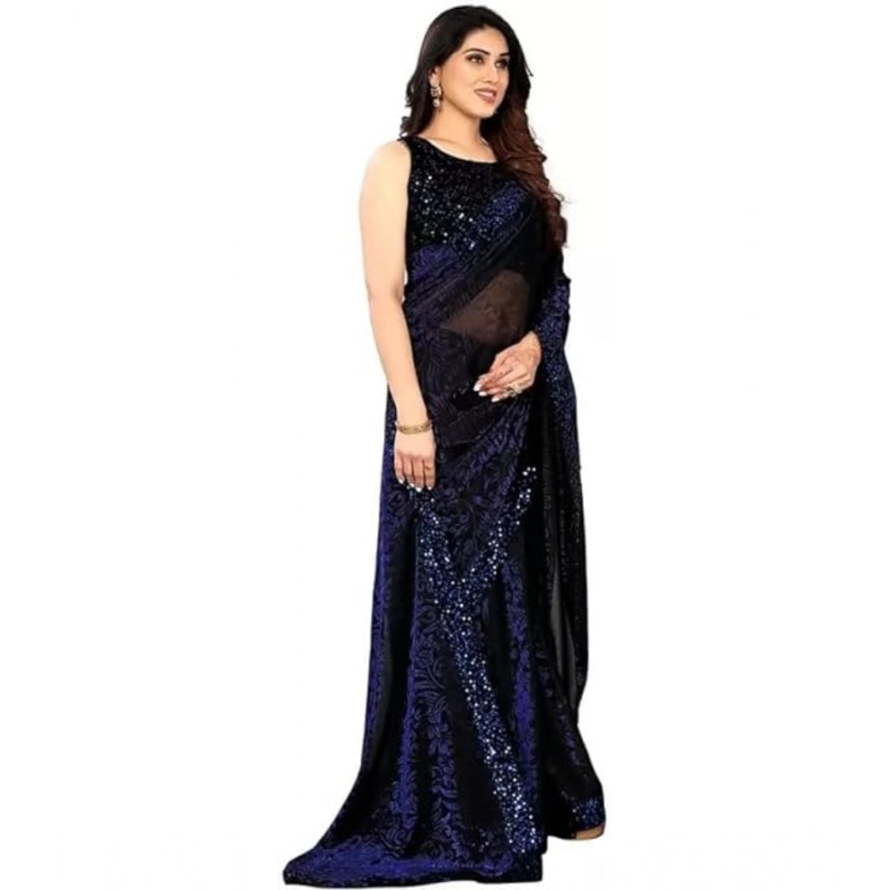 Generic Women's Lycra Floral Saree With Unstitched Blouse (Blue, 5.5 Mtr) Secondary image