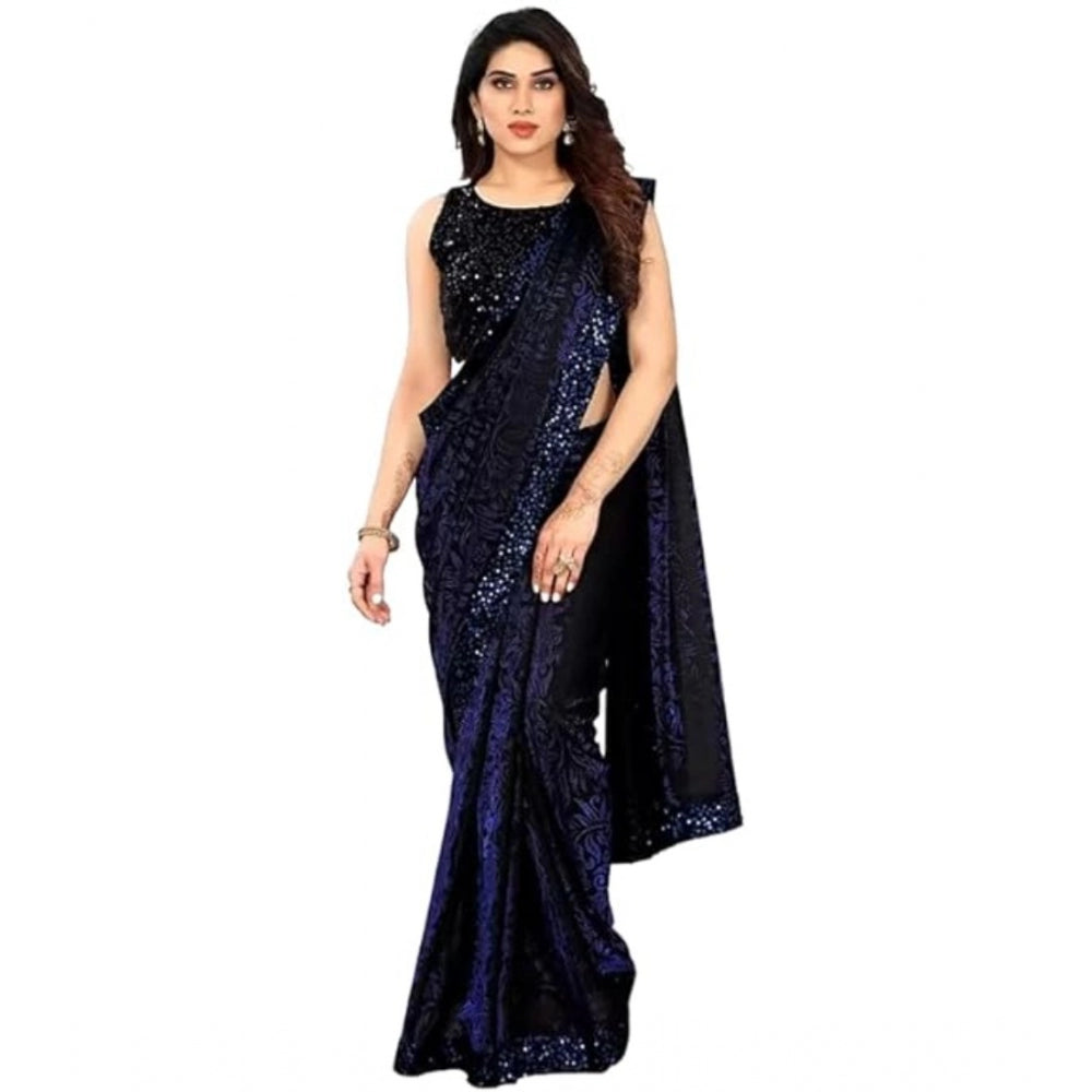 Generic Women's Lycra Floral Saree With Unstitched Blouse (Blue, 5.5 Mtr) Main image