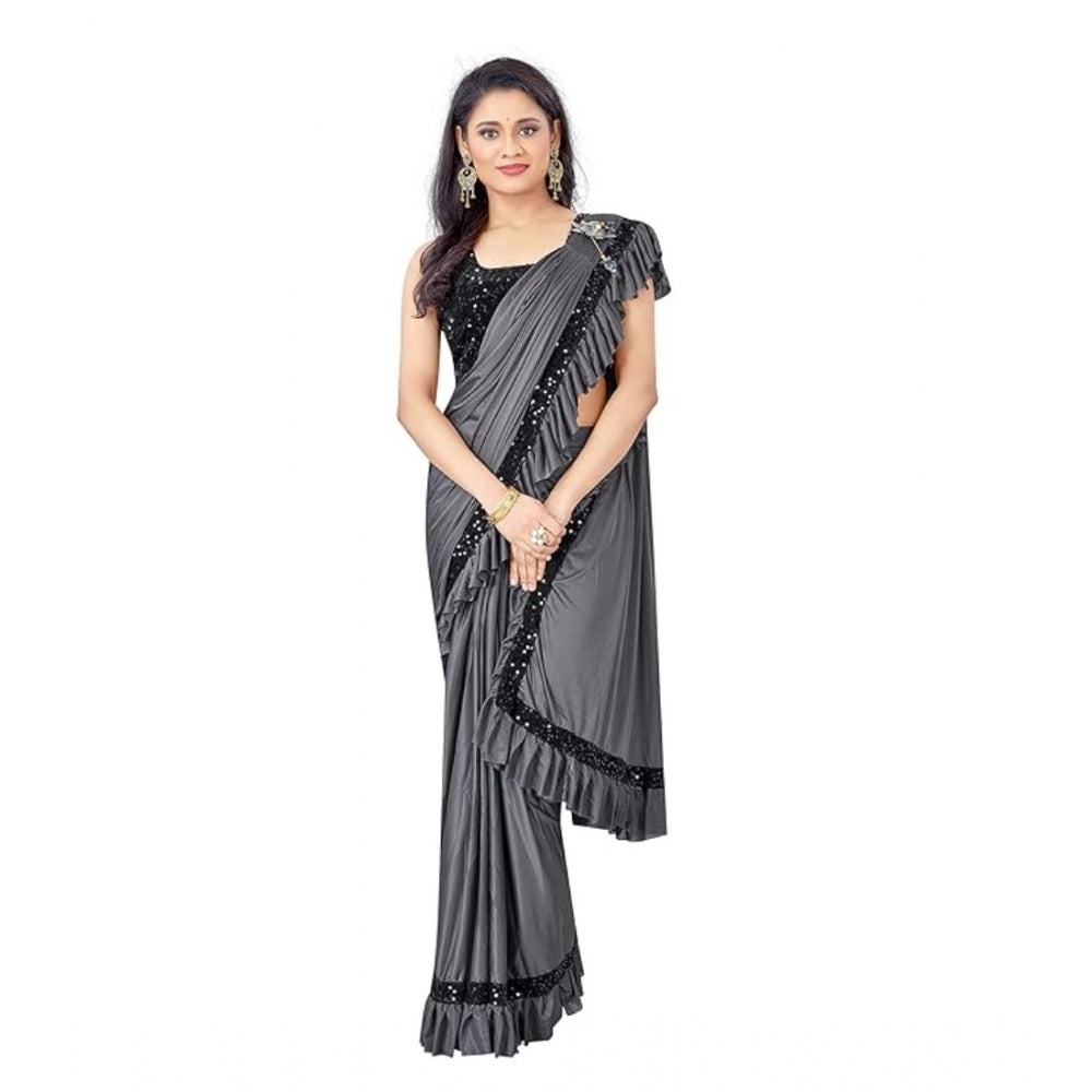 Generic Women's Lycra Solid Saree With Unstitched Blouse (Grey, 5.5 Mtr) Main image
