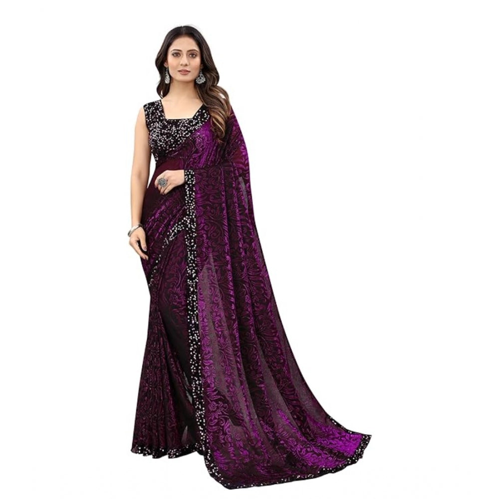 Generic Women's Lycra Floral Saree With Unstitched Blouse (Wine, 5.5 Mtr) Main image