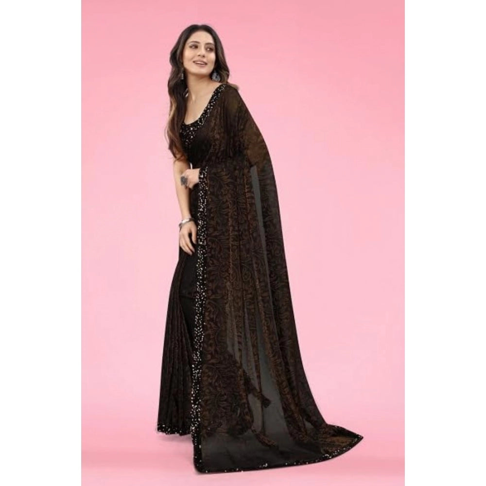Generic Women's Lycra Floral Saree With Unstitched Blouse (Brown, 5.5 Mtr) Secondary image