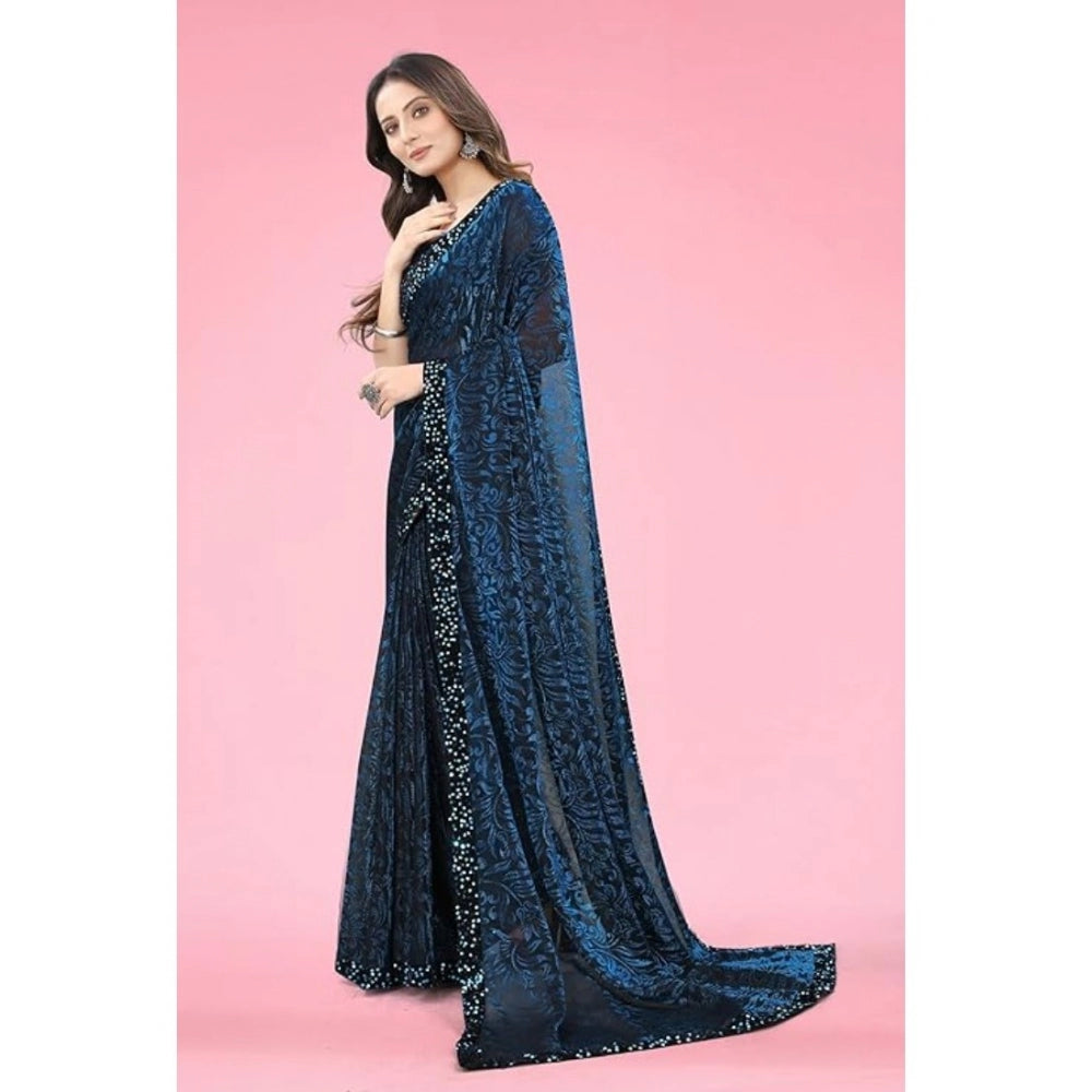 Generic Women's Lycra Floral Saree With Unstitched Blouse (Blue, 5.5 Mtr) Secondary image