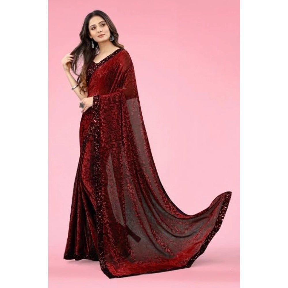 Generic Women's Lycra Floral Saree With Unstitched Blouse (Maroon, 5.5 Mtr) Secondary image
