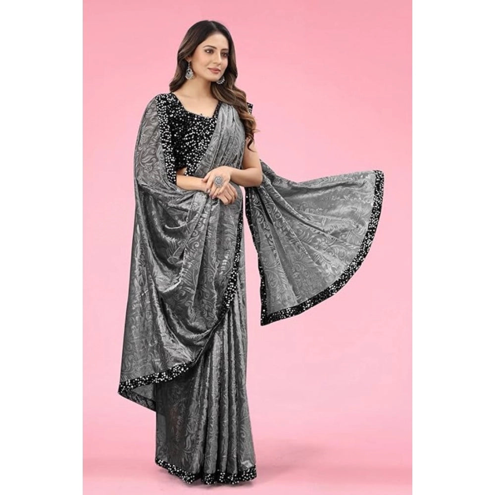 Generic Women's Lycra Floral Saree With Unstitched Blouse (Grey, 5.5 Mtr) Secondary image