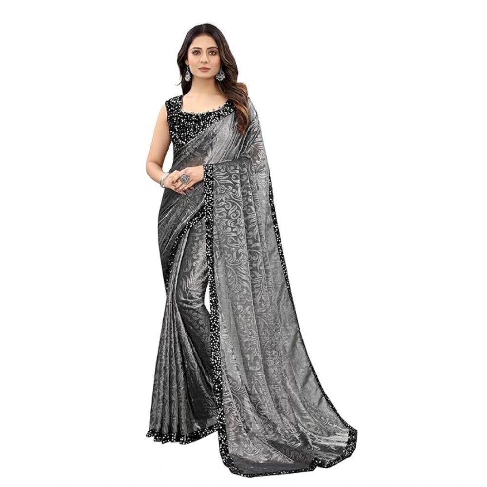 Generic Women's Lycra Floral Saree With Unstitched Blouse (Grey, 5.5 Mtr) Main image