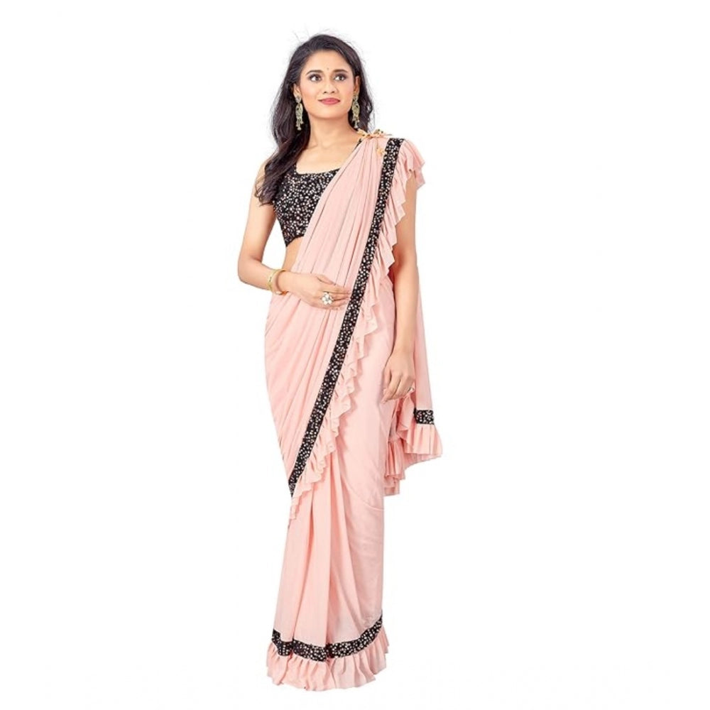 Generic Women's Lycra Solid Saree With Unstitched Blouse (Peach, 5.5 Mtr) Main image