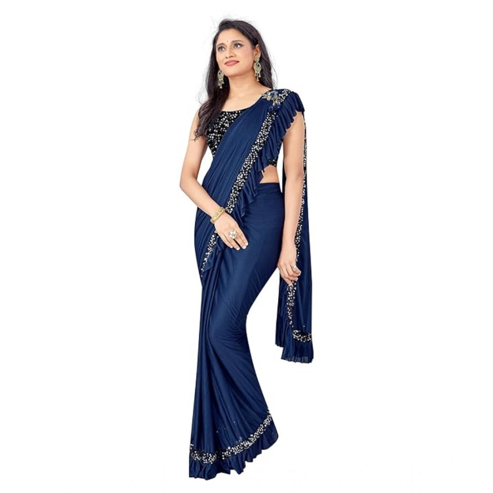 Generic Women's Lycra Solid Saree With Unstitched Blouse (Nay Blue, 5.5 Mtr) Secondary image