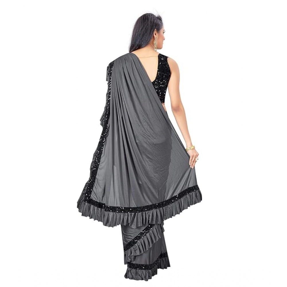 Generic Women's Lycra Solid Saree With Unstitched Blouse (Grey, 5.5 Mtr) Secondary image