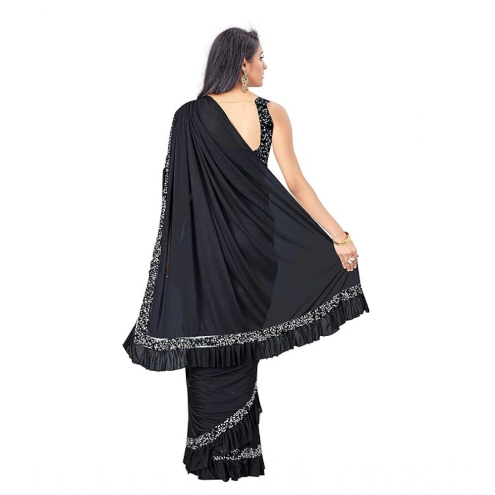 Generic Women's Lycra Solid Saree With Unstitched Blouse (Black, 5.5 Mtr) Secondary image