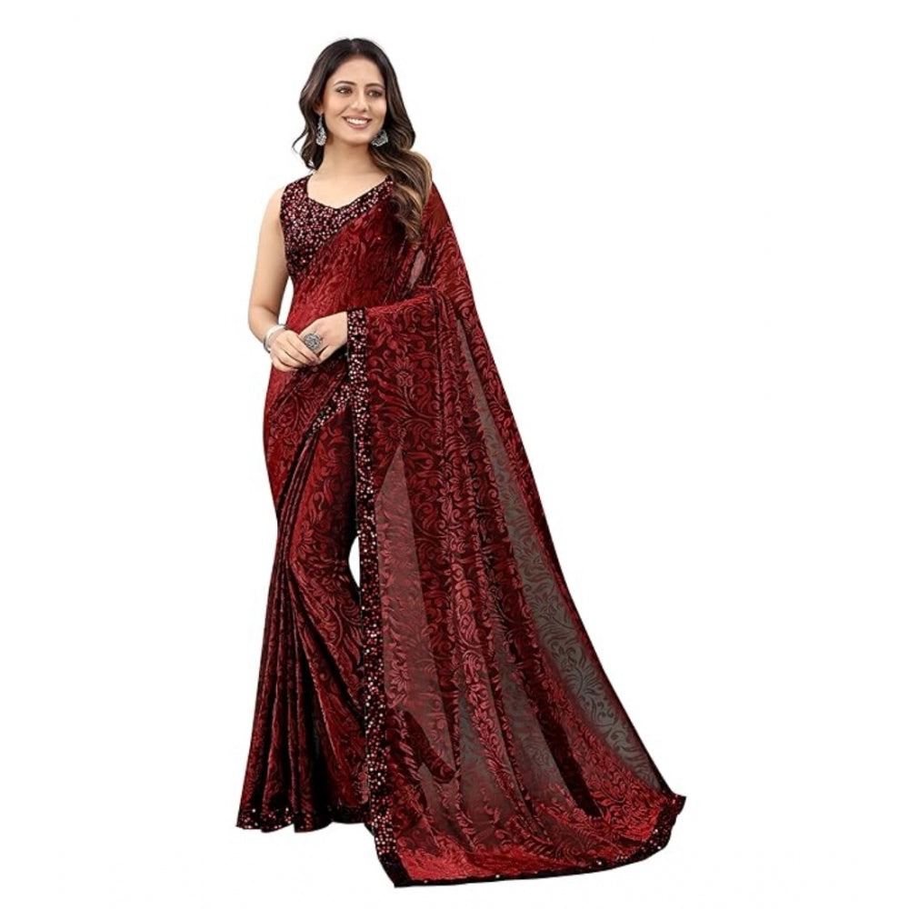 Generic Women's Lycra Floral Saree With Unstitched Blouse (Maroon, 5.5 Mtr) Main image
