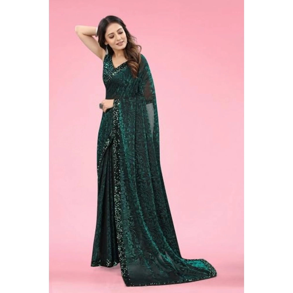 Generic Women's Lycra Floral Saree With Unstitched Blouse (Green, 5.5 Mtr) Secondary image