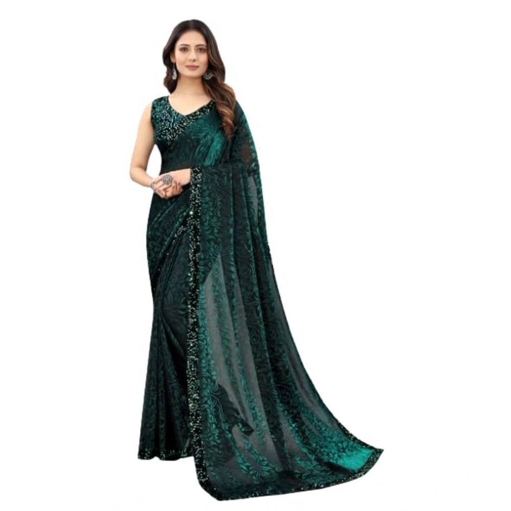 Generic Women's Lycra Floral Saree With Unstitched Blouse (Green, 5.5 Mtr) Main image