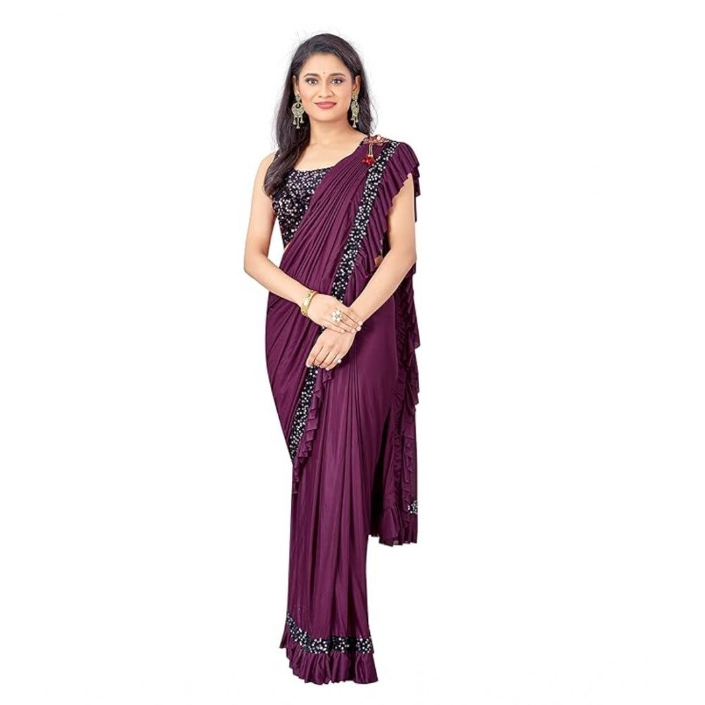 Generic Women's Lycra Solid Saree With Unstitched Blouse (Wine, 5.5 Mtr) Main image