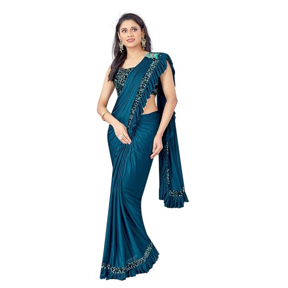 Generic Women's Lycra Solid Saree With Unstitched Blouse (Rama, 5.5 Mtr) Main image