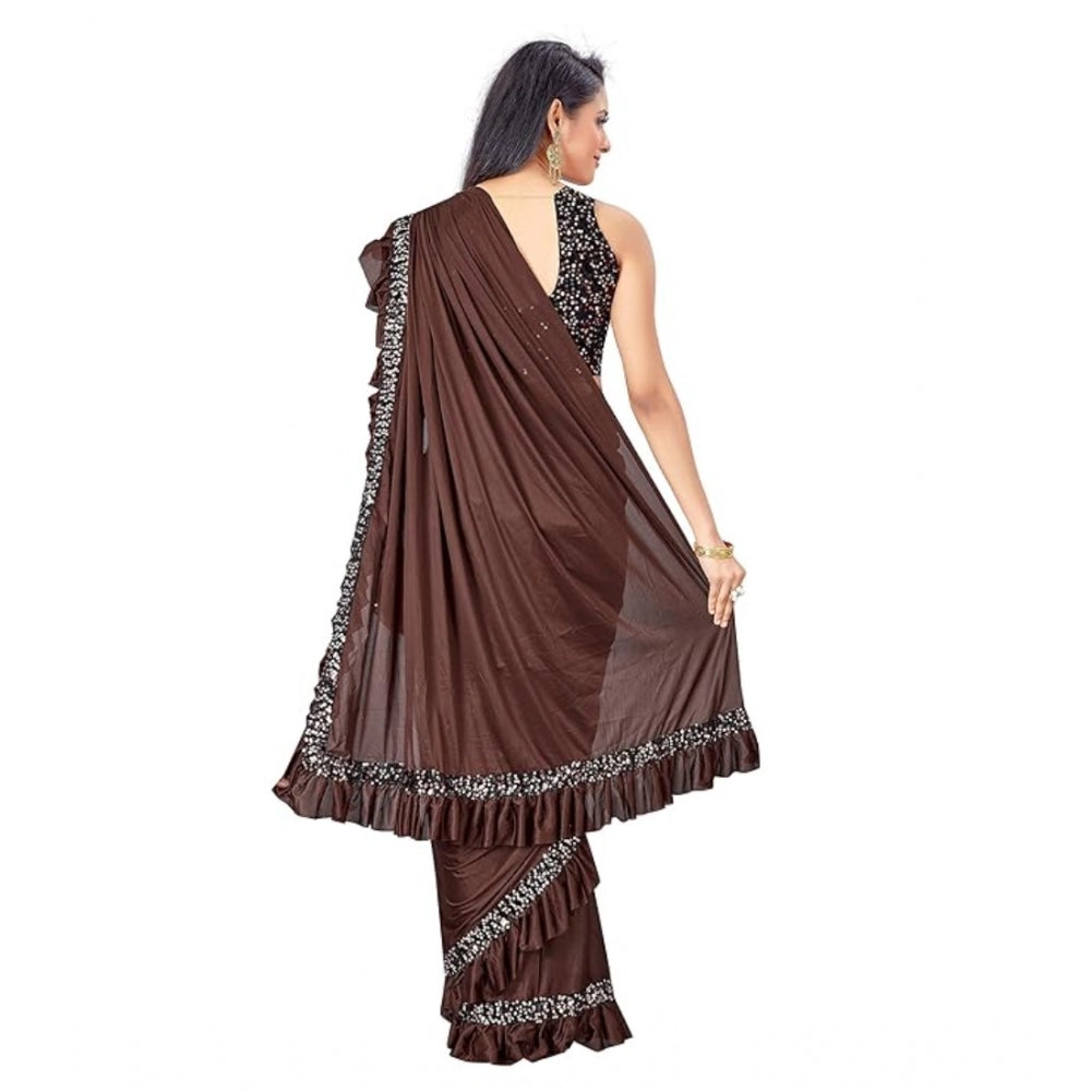 Generic Women's Lycra Solid Saree With Unstitched Blouse (Brown, 5.5 Mtr) Secondary image