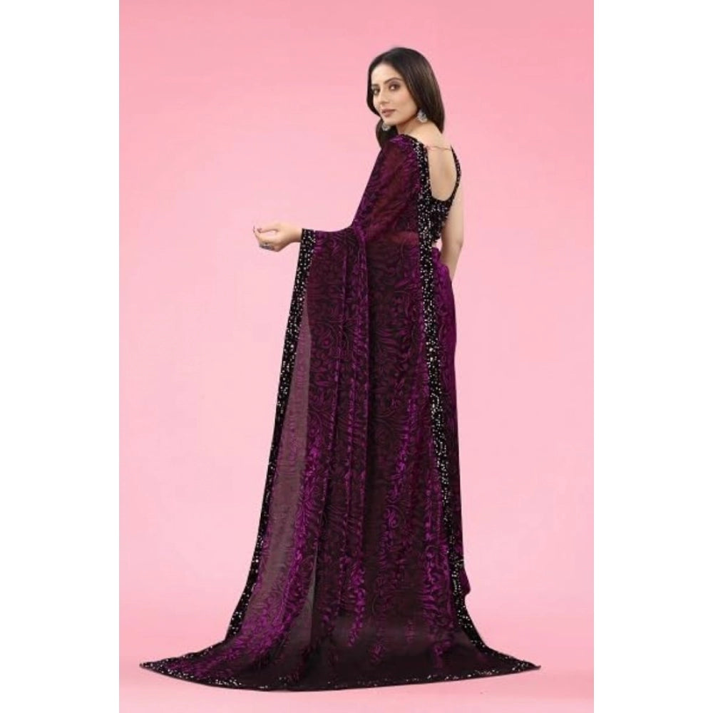 Generic Women's Lycra Floral Saree With Unstitched Blouse (Wine, 5.5 Mtr) Secondary image
